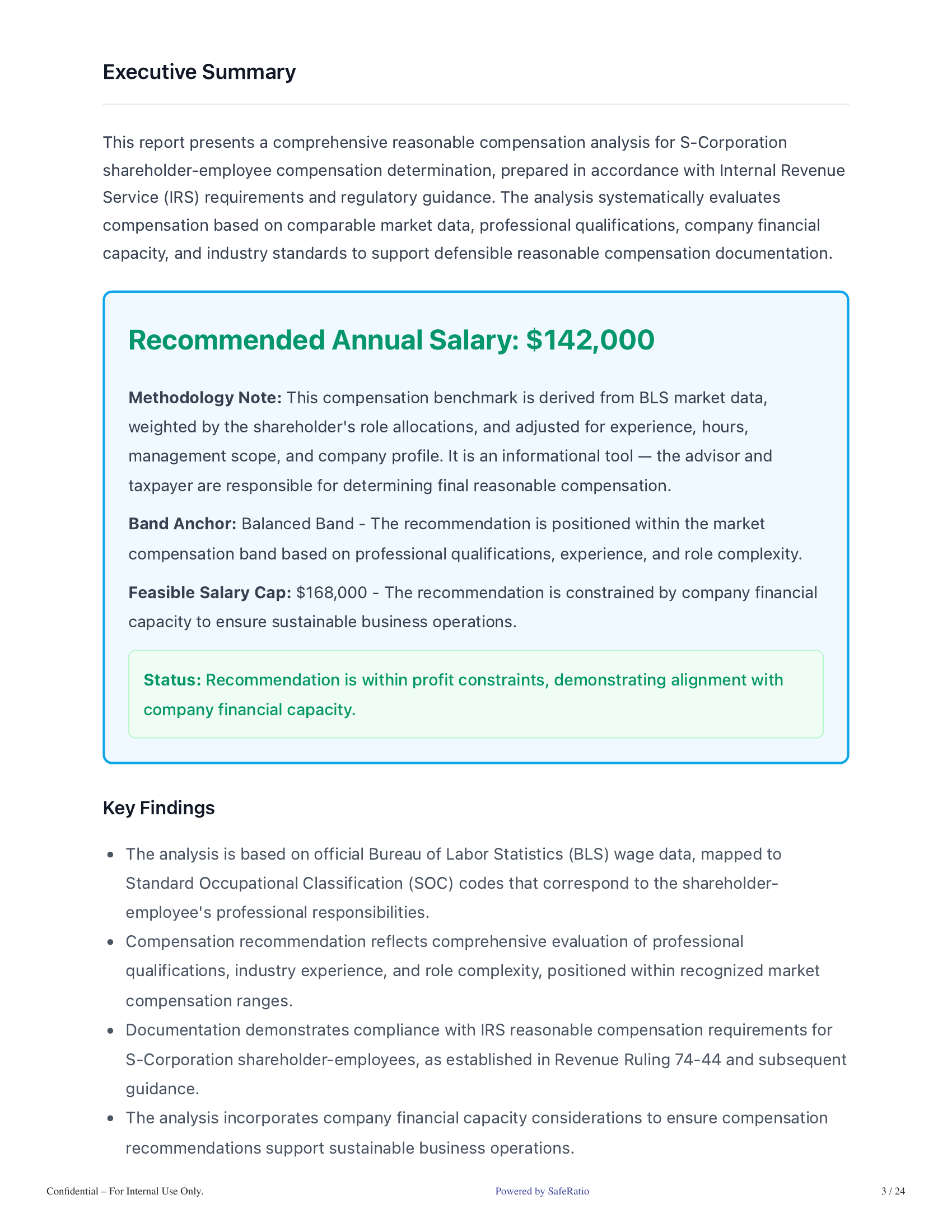 Sample SafeRatio reasonable compensation report
